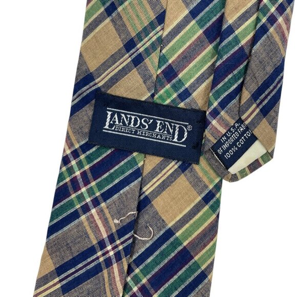 Lands' End Cotton Tie Green Blue Tartan Plaid - Picture 4 of 6
